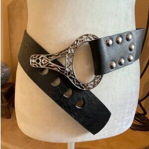 Chico's Black Leather Wide Belt Silver Filigree Hook Buckle Studding Size M